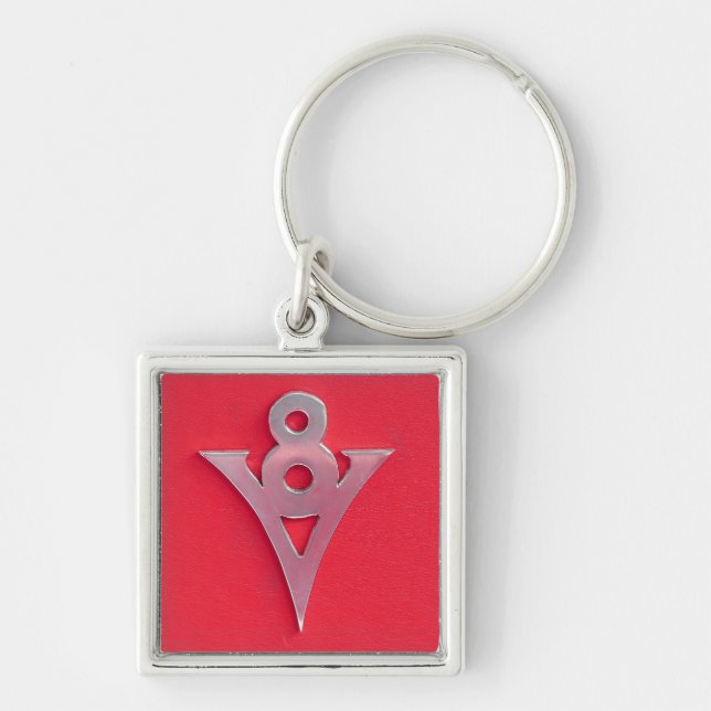 Illusion Chrome V8 Emblem on Red Leather Key Ring (Front)