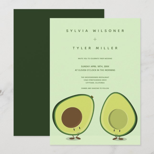 Illustrated Avocados Green Vertical Wedding Invitation (Front/Back)
