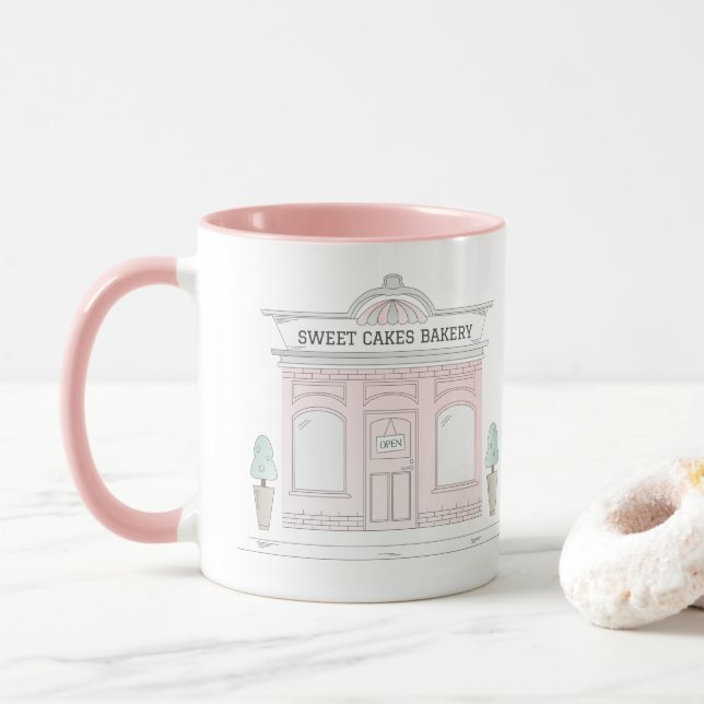 Illustrated Bakery Cafe Outdoor Shop Pink Mug (With Donut)