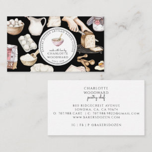 Illustrated Bakery Pastry Chef Watercolor Black Business Card