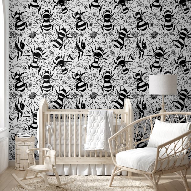 Illustrated Bee Pattern Black and White Paintable Wallpaper (Kids)