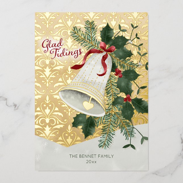 Illustrated Bell Christmas Gold Foil Holiday Card (Front)
