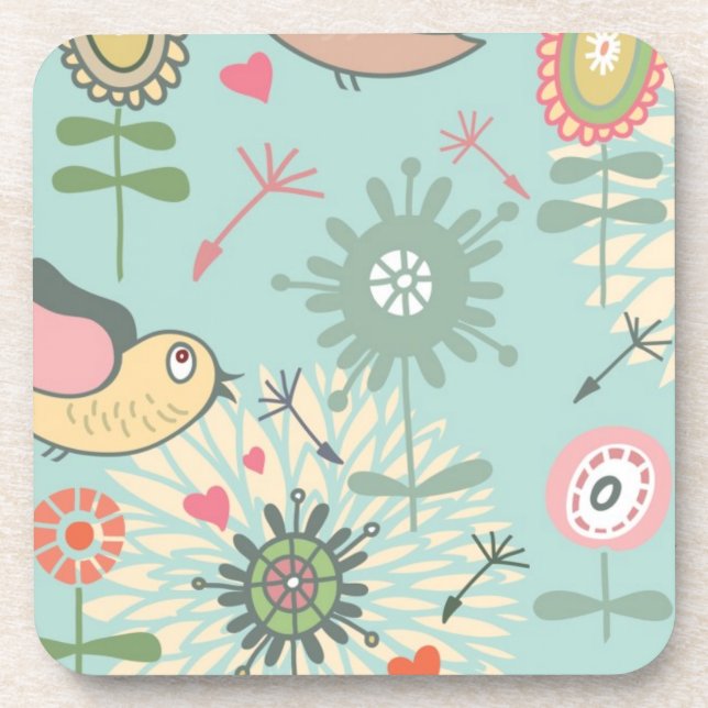 Illustrated Birds and Spring Flowers Coaster (Front)