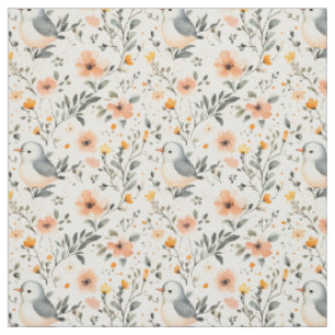 Illustrated Birds & Flowers on Off-White Fabric