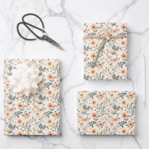 Illustrated Birds & Flowers on Off-White Wrapping Paper Sheet