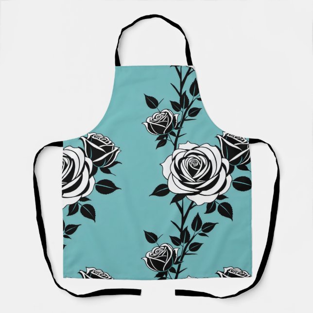 Illustrated Black And White Roses  Apron (Front)