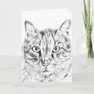 Illustrated black and white tabby cat card