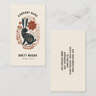 Illustrated Black Rabbit Floral Folk Art Business Card