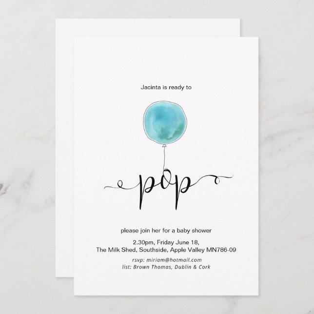 Illustrated Blue Balloon Ready to Pop Baby Shower Invitation (Front/Back)