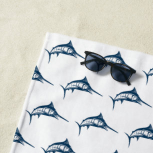 Illustrated Blue Swordfish Pattern Beach Towel