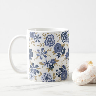 Illustrated Blue Vector Flowers Vines Coffee Mug