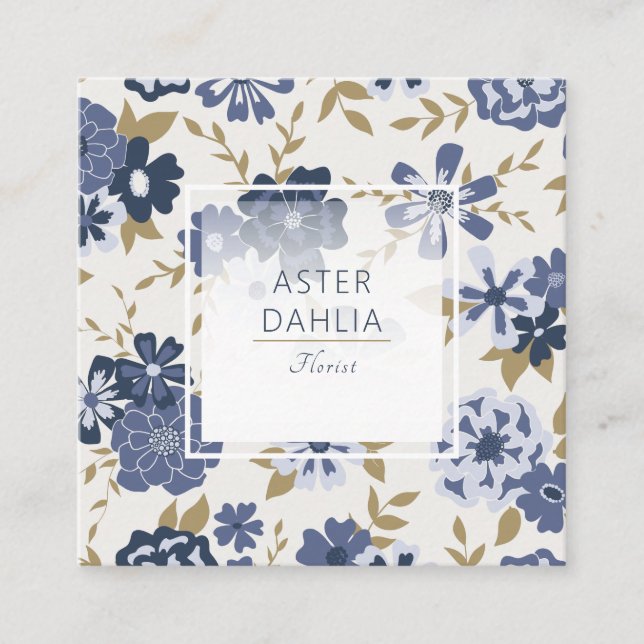 Illustrated Blue Vector Flowers Vines Square Business Card (Front)