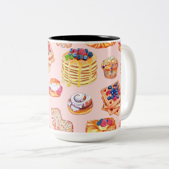 Illustrated Breakfast Sweet Treats in Retro Style Two-Tone Coffee Mug (Front Right)