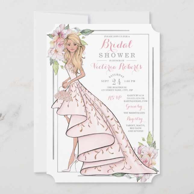 Illustrated Bride Floral Bridal Shower Invitation (Front)