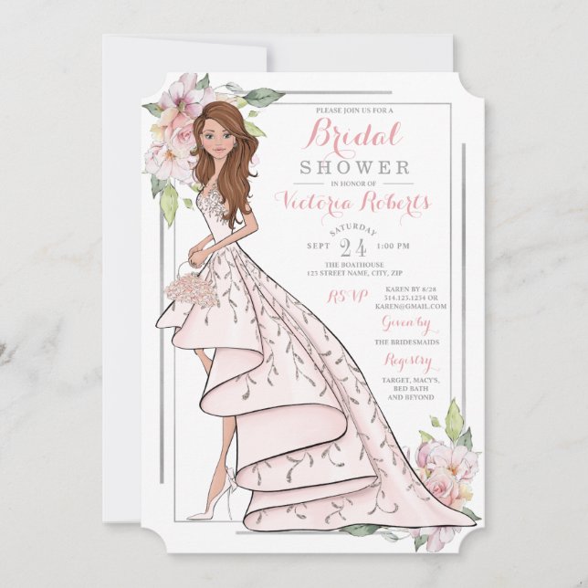 Illustrated Bride Floral Bridal Shower Invitation (Front)