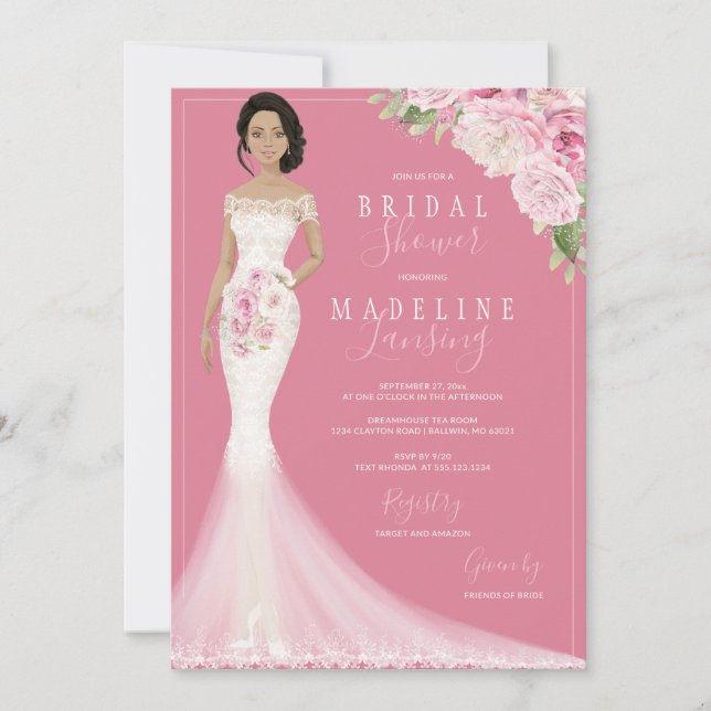 Illustrated Bride in Lace Gown Bridal Shower Invitation (Front)