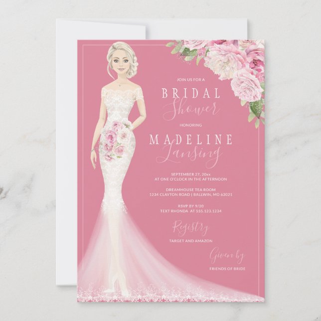 Illustrated Bride in Lace Gown Bridal Shower Invitation (Front)