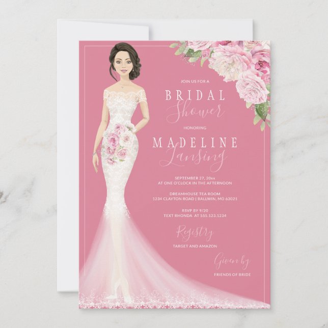 Illustrated Bride in Lace Gown Bridal Shower Invitation (Front)