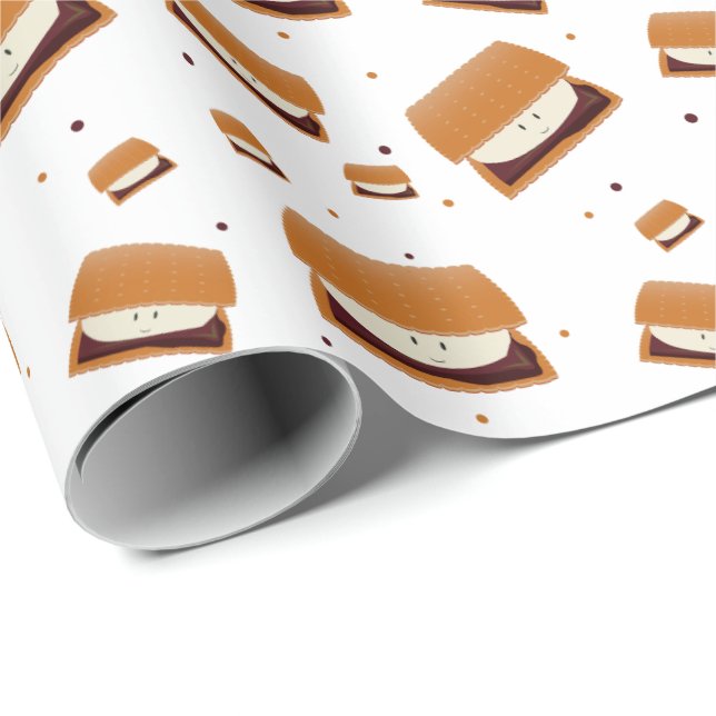 Illustrated Brown White Smiling Smore Pattern Wrapping Paper (Roll Corner)