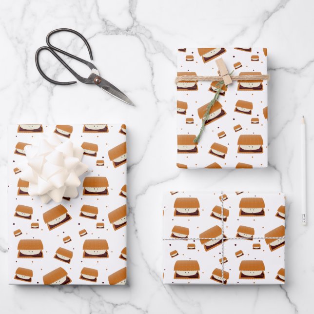 Illustrated Brown White Smiling Smore Pattern Wrapping Paper Sheet (Front)