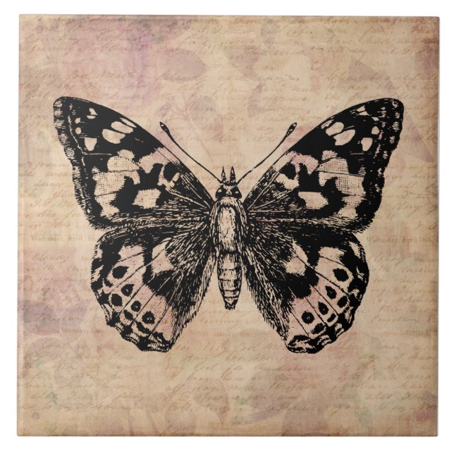 Illustrated Butterfly Vintage Art & Floral Script Tile (Front)