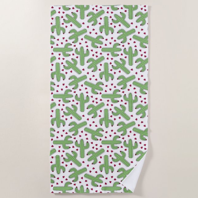 Illustrated Cactus & Pink Flowers Pattern Beach Towel (Front)
