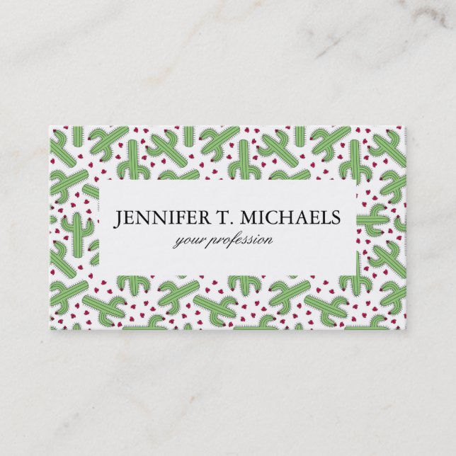 Illustrated Cactus & Pink Flowers Pattern Business Card (Front)