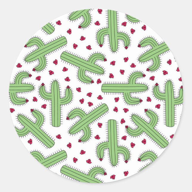 Illustrated Cactus & Pink Flowers Pattern Classic Round Sticker (Front)