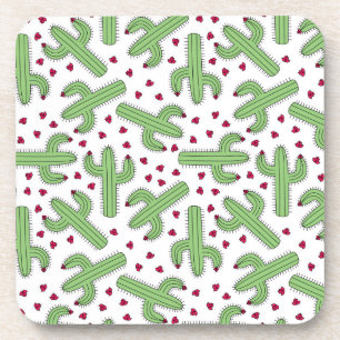 Illustrated Cactus & Pink Flowers Pattern Coaster