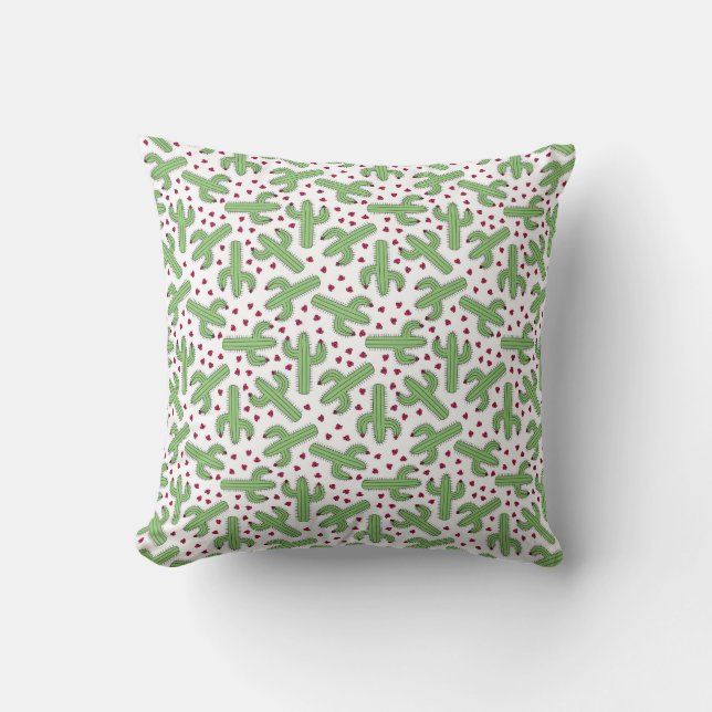 Illustrated Cactus & Pink Flowers Pattern Cushion (Front)