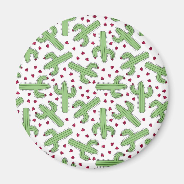 Illustrated Cactus & Pink Flowers Pattern Magnet (Front)
