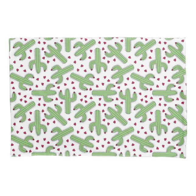 Illustrated Cactus & Pink Flowers Pattern Pillowcase (Front-Left)