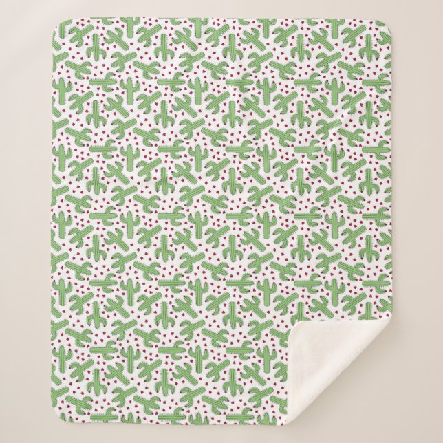 Illustrated Cactus & Pink Flowers Pattern Sherpa Blanket (Front)