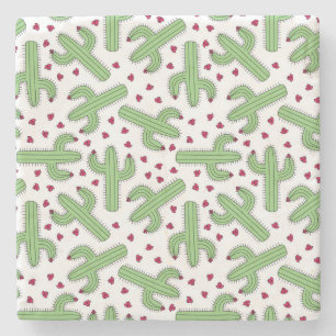 Illustrated Cactus & Pink Flowers Pattern Stone Coaster