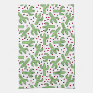Illustrated Cactus & Pink Flowers Pattern Tea Towel