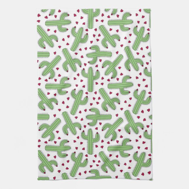 Illustrated Cactus & Pink Flowers Pattern Tea Towel (Vertical)