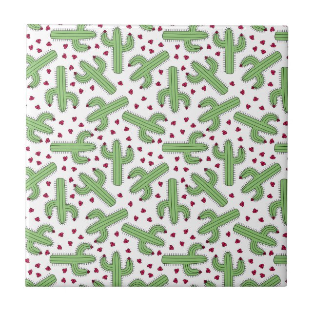 Illustrated Cactus & Pink Flowers Pattern Tile (Front)