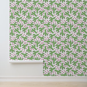 Illustrated Cactus & Pink Flowers Pattern Wallpaper