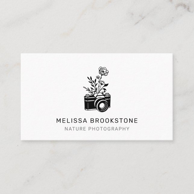 Illustrated Camera And Flowers Nature Photography Business Card (Front)