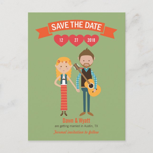 Illustrated Cartoon Couple Portrait Wedding Announcement Postcard (Front)