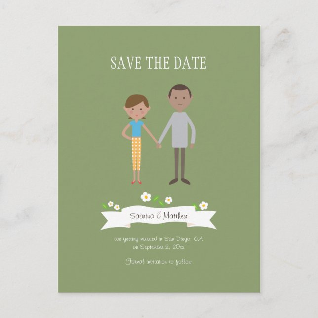 Illustrated Cartoon Couple Portrait Wedding Announcement Postcard (Front)