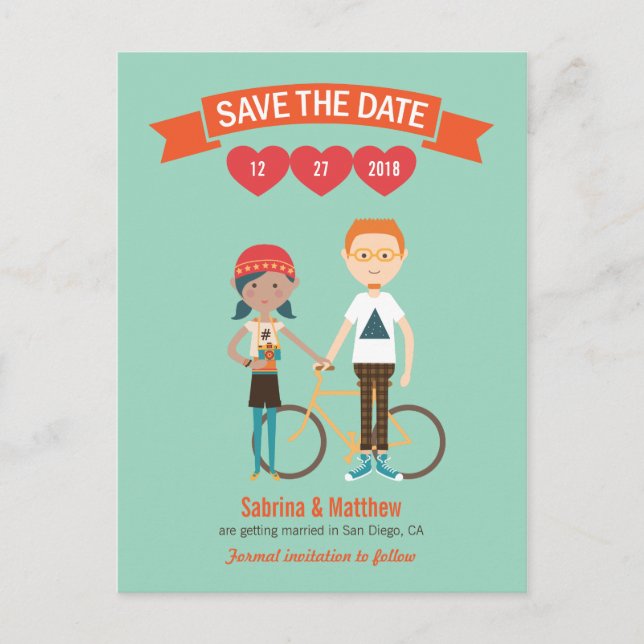 Illustrated Cartoon Couple Portrait Wedding Announcement Postcard (Front)
