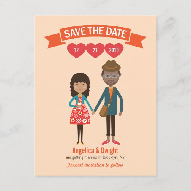 Illustrated Cartoon Couple Portrait Wedding Announcement Postcard (Front)