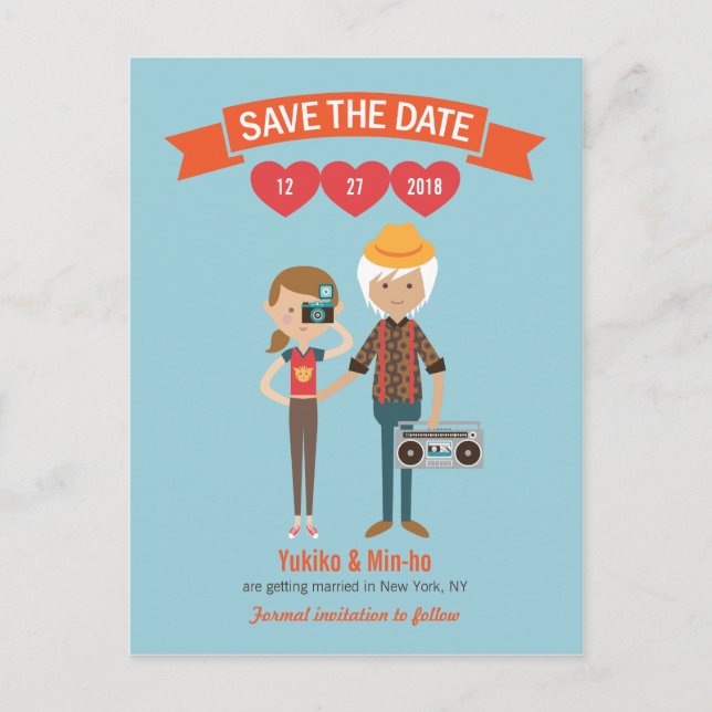 Illustrated Cartoon Couple Portrait Wedding Announcement Postcard (Front)