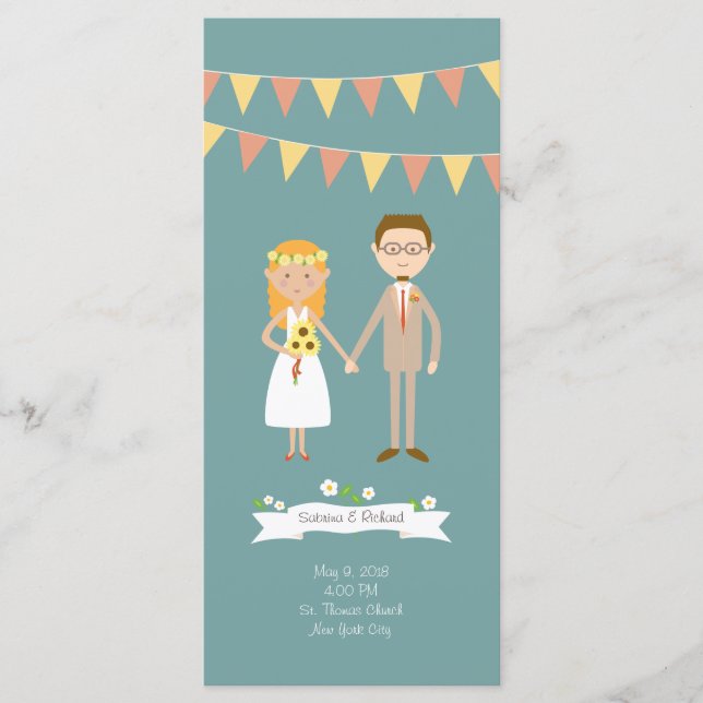 Illustrated Cartoon Couple Portrait Wedding Programme (Front)