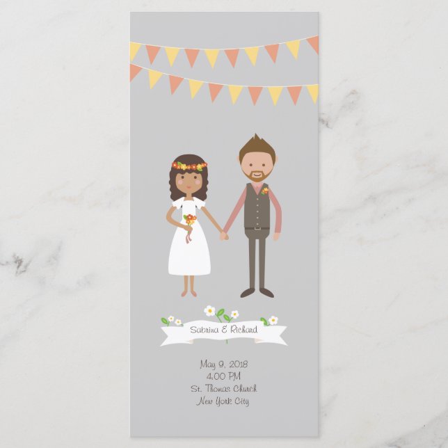 Illustrated Cartoon Couple Portrait Wedding Programme (Front)