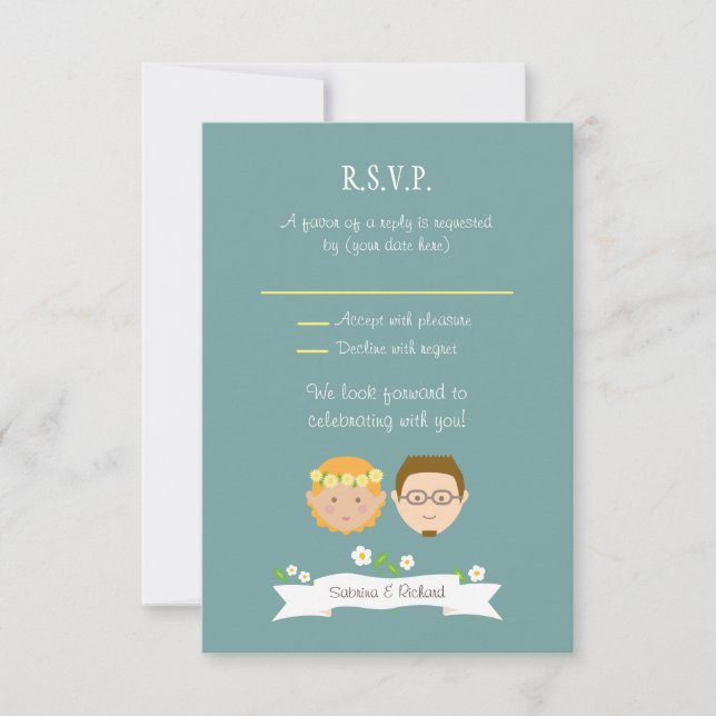 Illustrated Cartoon Couple Portrait Wedding RSVP Card (Front)