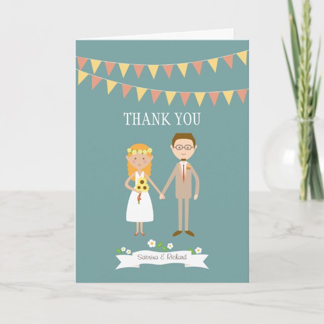 Illustrated Cartoon Couple Portrait Wedding Thank You Card (Front)