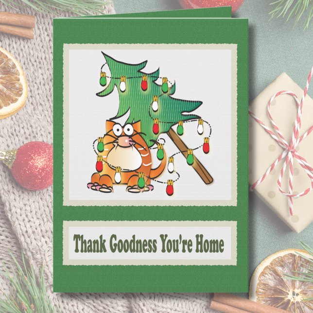 Illustrated Cat Cartoon Red Green Christmas Card (Creator Uploaded)