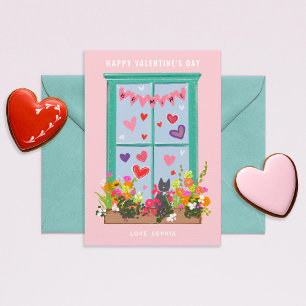 Illustrated Cat in Window Valentine Classroom Invitation
